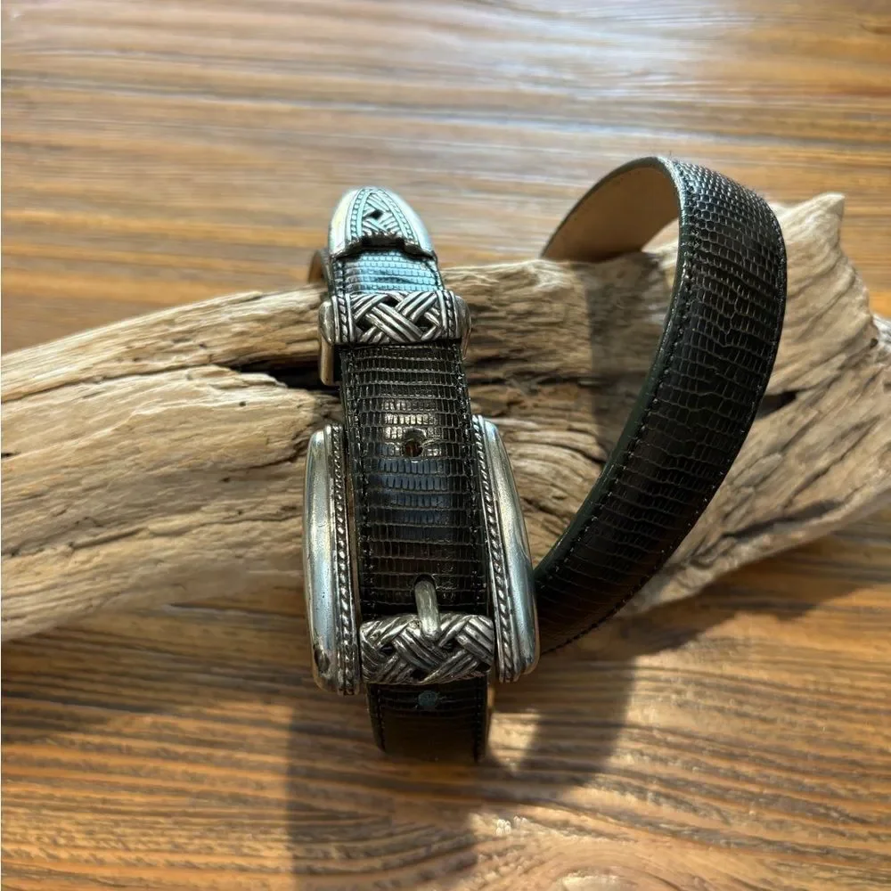 Brighton Black Lizard-Embossed Belt with Silver Accents